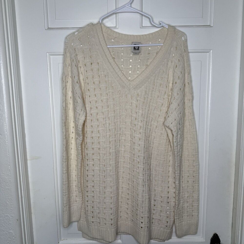 Anne Klein XL Cream V Neck Sweater Wool Angora Blend Open Knit Pullover Textured